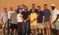 Eleven members of the 1987 Denton Bronco football team gathered recently outside the Jim Bateman Athletic Fieldhouse at Denton High for a 30th reunion of the team. Pictured is Bill Koberick, Stuart Mason, Lee Dean, Sam Pedigo, Chad Atkins, Matt Bateman, Patsy Bateman (wife of late head coach Jim Bateman), Todd Jensen, Doug Overstreet, Mitchell Borges and Raymond Redmon.Courtesy photo