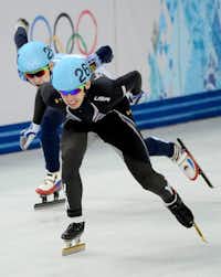 U.S. speedskater and Denton native Jordan Malone, front, skates in the short-track men’s 5,000-meter relay final during the Winter Olympics in February in Sochi, Russia. Malone will be the grand marshal of Denton’s Fourth of July parade.Chuck Myers