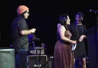 German Torres, left, Cristina Gonzalez and Miranda Tamez receive the award for their short film “Quince.”Tomas Gonzalez