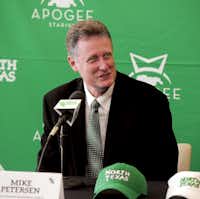 Mike Petersen speaks during a news conference Monday at Apogee Stadium as he was introduced as the new UNT women's basketball coach.Al Key