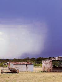 Winds rushing out of the base of the thunderstorm that caused the damage in Krum can be seen just to the left of the rain shaft as the storm moved between Ponder and Krum Monday afternoon.Al Key