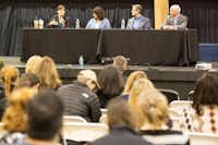 A panel of experts — from left, Ashleigh Chapman, president of the Alliance for Freedom, Restoration and Justice; Suzy Gange, clinical director of Children’s Advocacy Center for Denton County; Dennis Ozment, executive director of 4theONE Foundation; and John Kochan, special agent for Homeland Security — answer questions from the audience during the Denton County Human Trafficking Coalition Expo on Saturday at Serve Denton.Jeff Woo