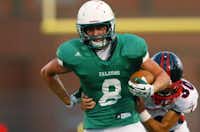 Lake Dallas senior wide reciever Brandon Simpson (8) is tackled by Frisco Centennial junior safety Ethan Miller (30), Friday, September 6, 2013, at Falcon Stadium in Corinth, TX.David Minton