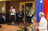 Lucile Rayzor Hutchinson, granddaughter of James Newton and Eva Tabor Rayzor, speaks Saturday at the Texas Historical Marker dedication for their residence at 1003 W. Oak St.David Minton - DRC