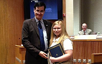 Sixth-grader Elise Clements, right, poses for a photo with Denton Mayor Mark Burroughs on Feb. 19. The mayor, Denton City Council meeting, named Feb. 27, 2014, Beulah Harriss Day in the city.Courtesy photo