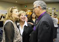 Rudy Rodriguez shares a laugh with current Denton ISD school board member Mia Price, middle, and incoming board member Dorothy Martinez during a reception in his honor Monday night. Rodriguez, the current board secretary, did not seek re-election and is retiring after six years of service on the district’s school board.Courtesy photo
